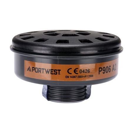 Filtre à gaz A2 classe 2 à filetage universel DIN Noir – Portwest P906, boîte de 6 filtres