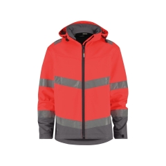 Veste softshell haute visibilité triple couche capuche amovible Rouge fluo/gris ciment – Dassy Malaga