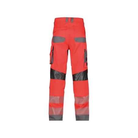 Pantalon été haute visibilité multipoches avec poches genoux Cordura Rouge fluo/gris ciment – Dassy Odessa