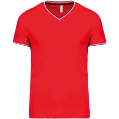 T-shirt maille piquée col V rouge rayures Kariban