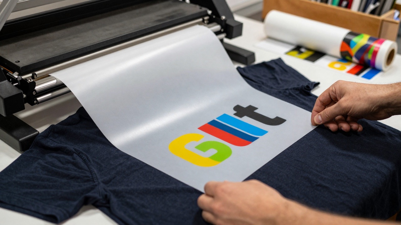 Pose d'un transfert : le film pelé révèle le logo sur le textile